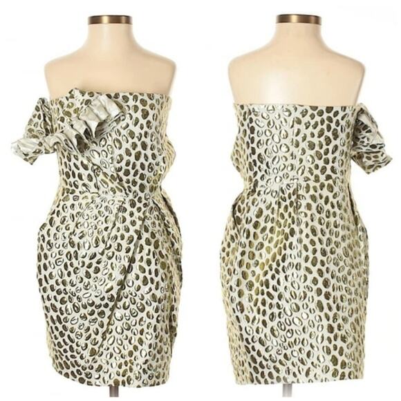 Aryn K. One Shoulder Cream & Gold Polka Dot Dress Sz Medium - Picture 2 of 8